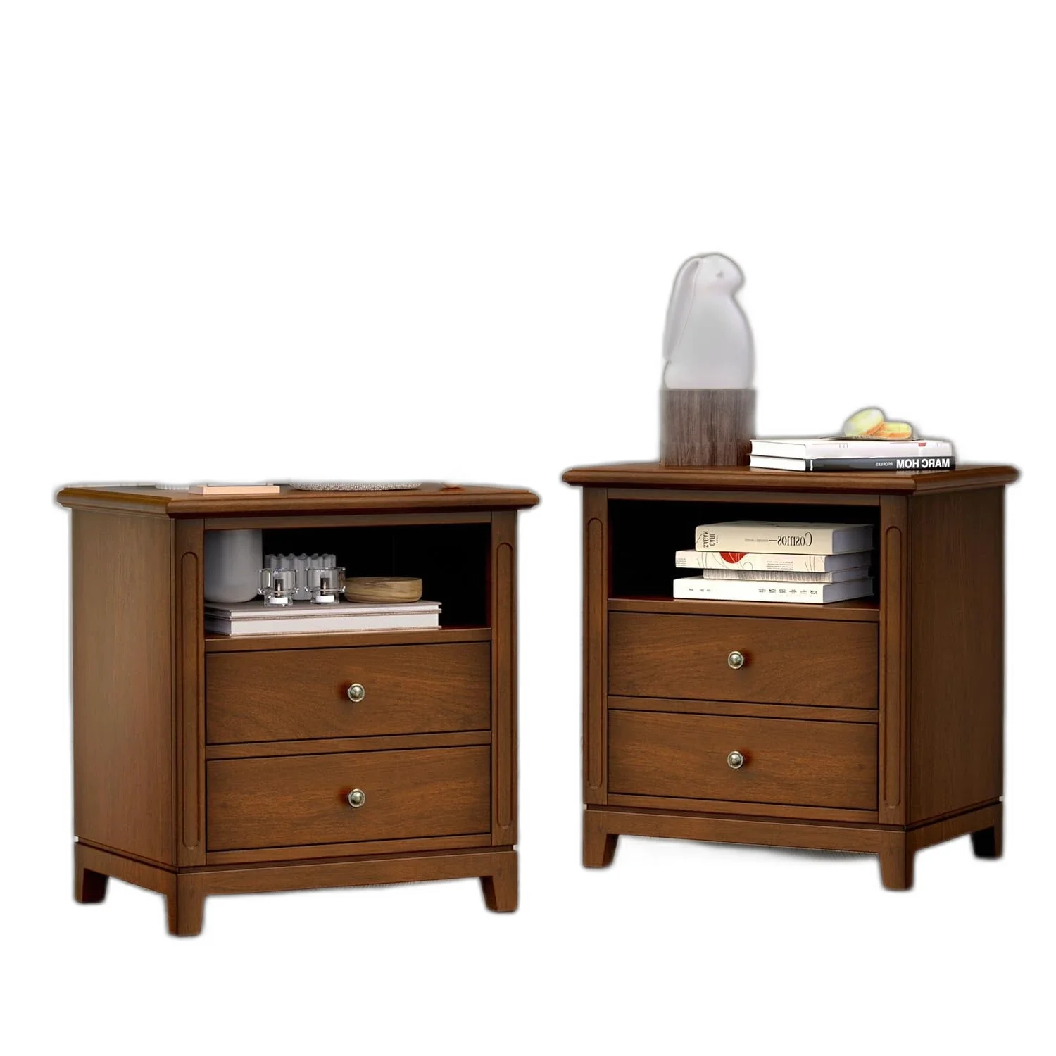 The Walnut Nightstand Pair — Drawers and Open Shelf lifestyle