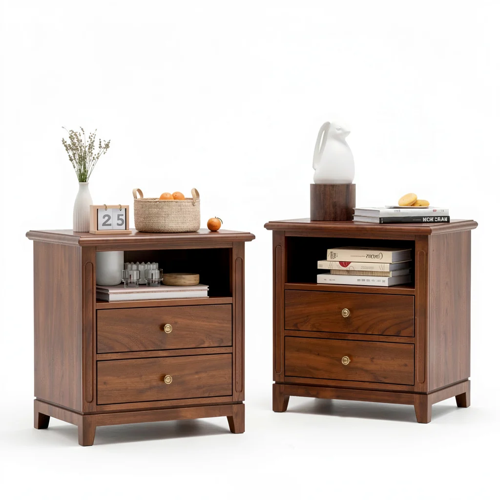 The Walnut Nightstand Pair — Drawers and Open Shelf