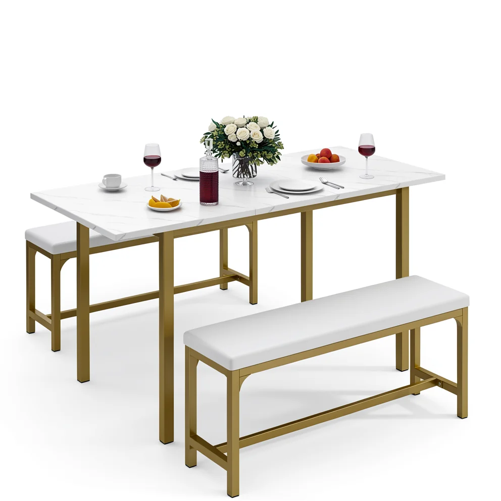 Extendable Dining Set - 3-Piece Table with Bench and Chairs