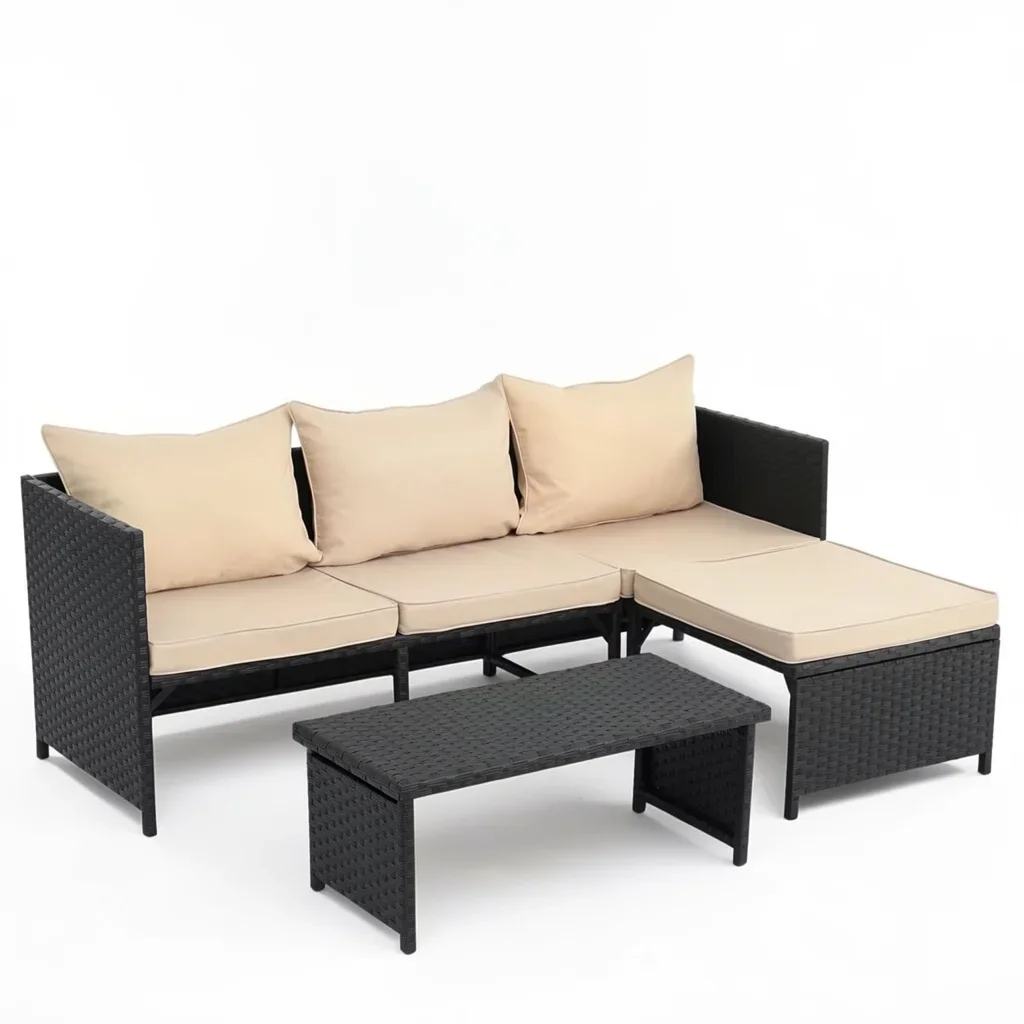3-Piece PE Rattan Patio Conversation Set with Cushions