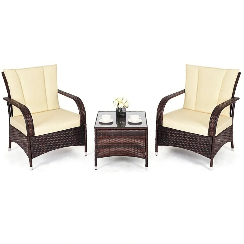 3-Piece Wicker Patio Set with Glass-Top Coffee Table