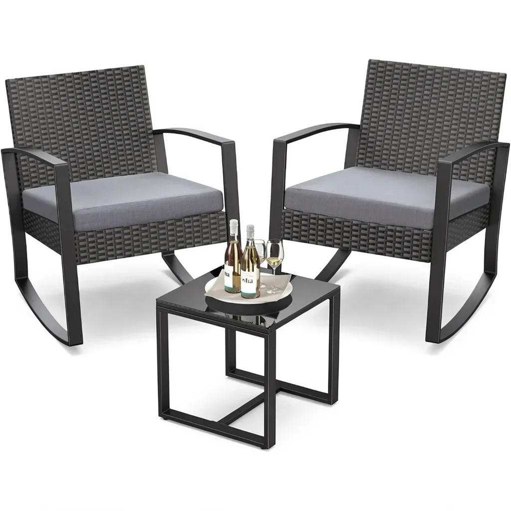 3-Piece Rocking Rattan Bistro Set with Coffee Table