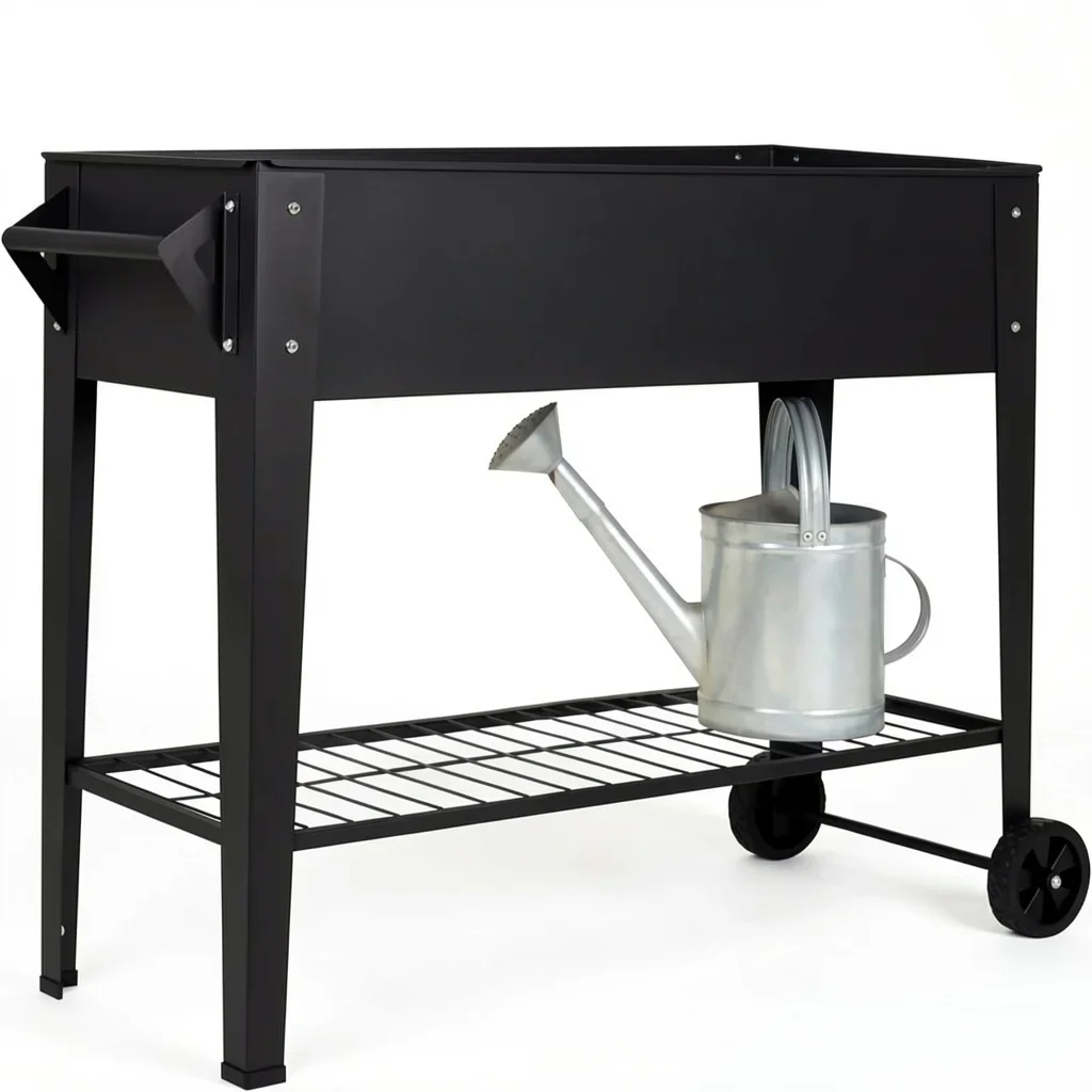 32" Tall Rolling Steel Raised Garden Bed with Storage Shelf