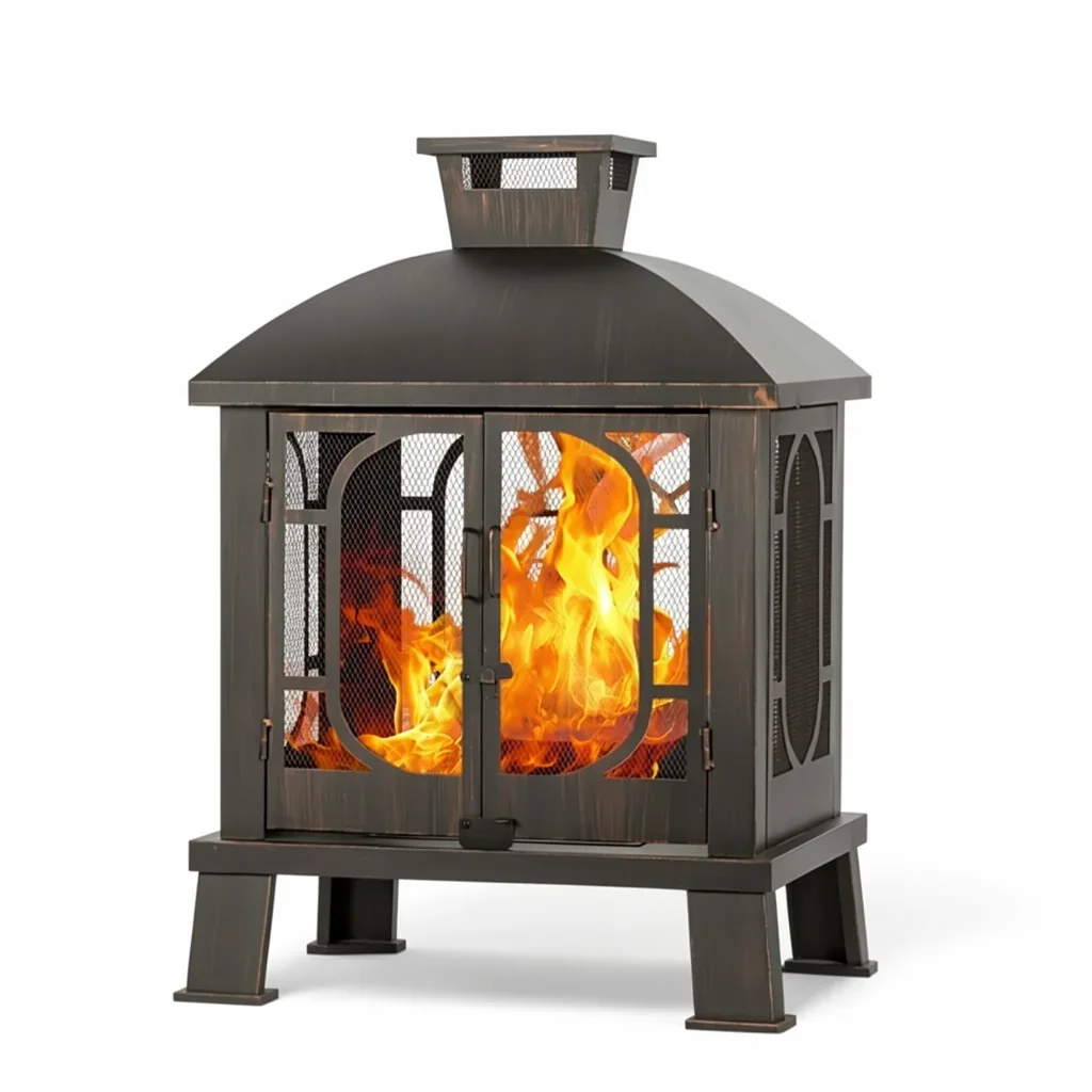 45" Square Chiminea Fire Pit with Grill & Mesh Spark Screen