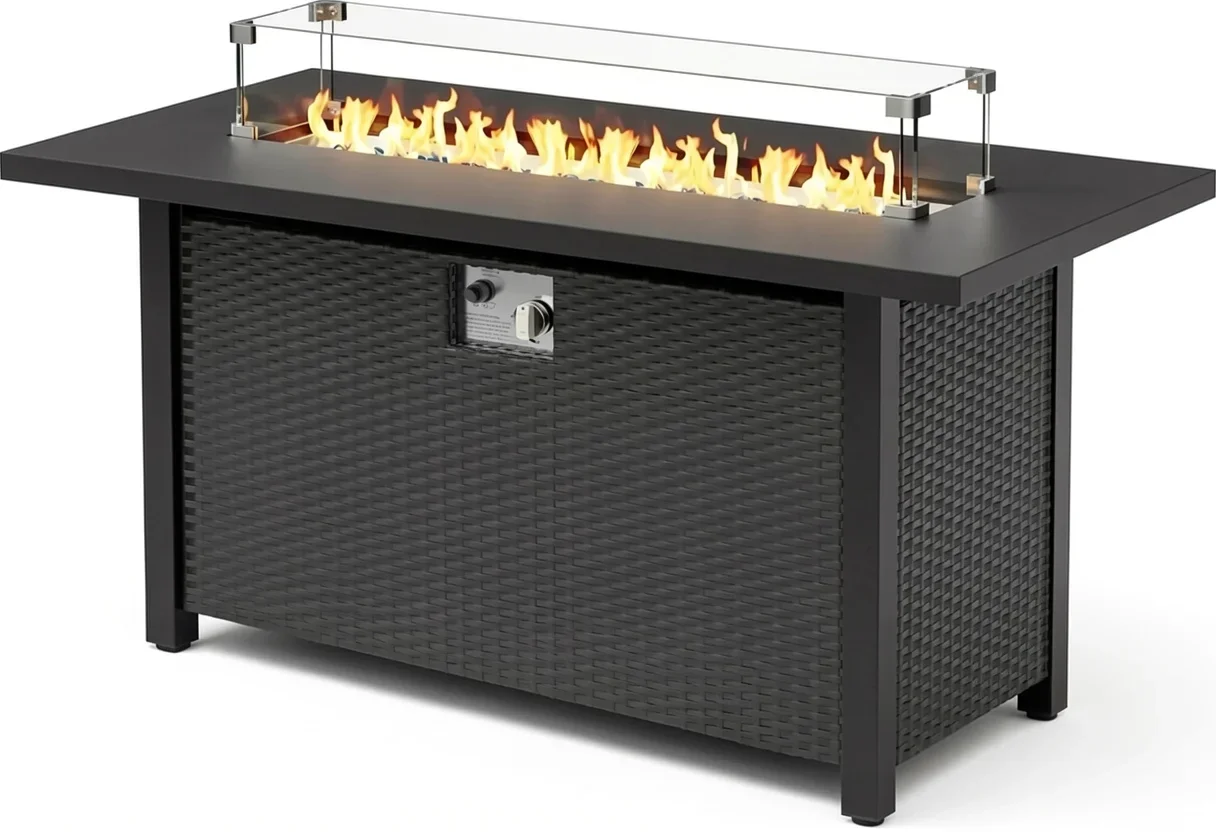 45-Inch Rectangle Rattan Propane Fire Pit Table, 50,000 BTU