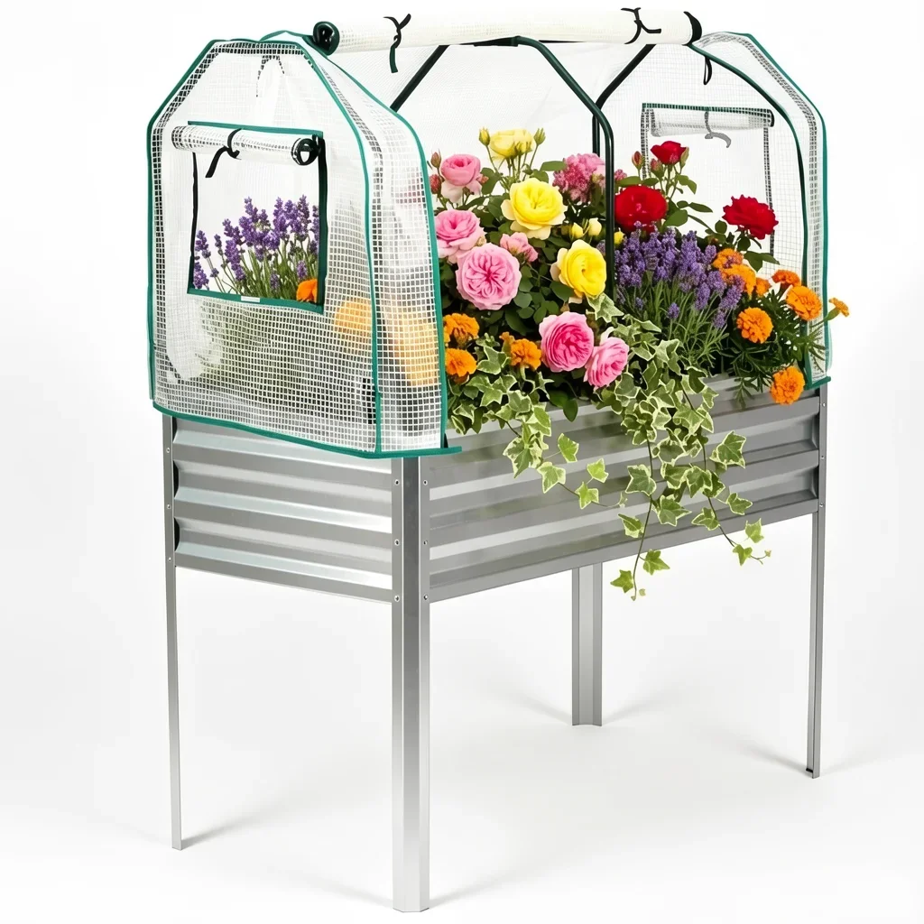 48×24-Inch Elevated Galvanized Raised Garden Bed with Greenhouse Cover