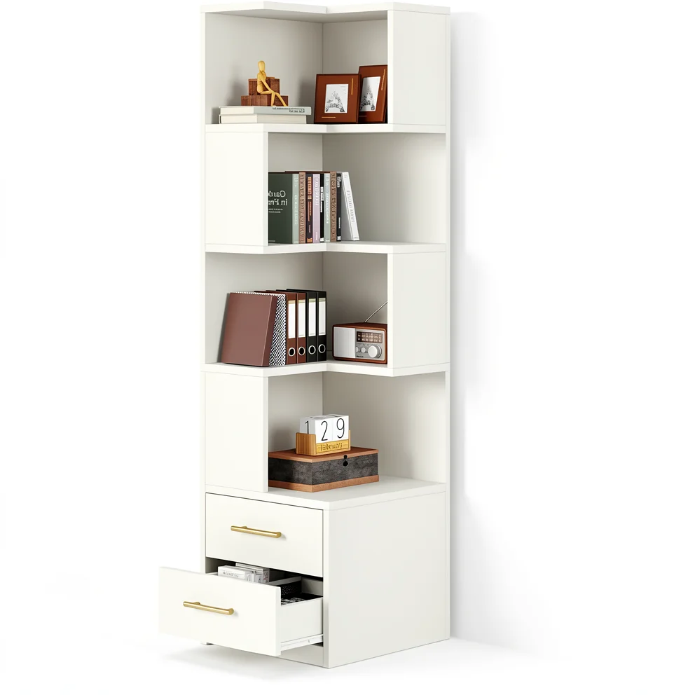 The Corner Bookshelf — Multi-Tier with Drawer Storage