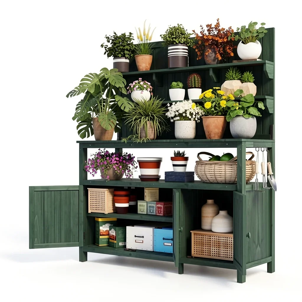 Solid Wood Potting Bench with Hutch, 2 Shelves & 2 Cabinets