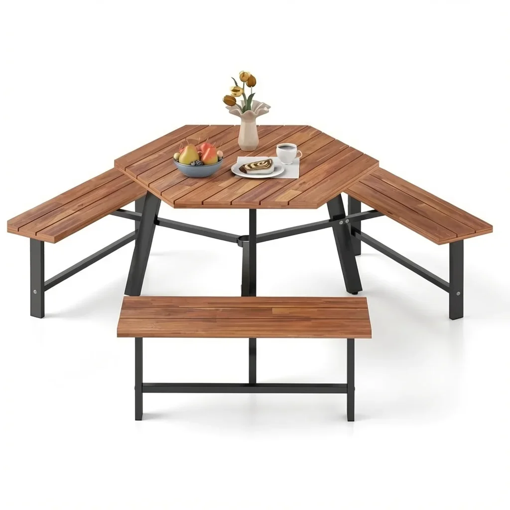 6-Person Acacia Wood Picnic Table Set with Metal Frame