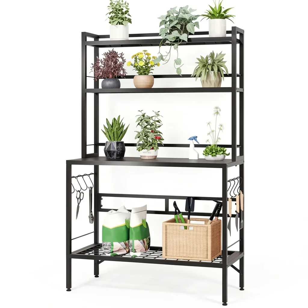 63" Metal Potting Bench with 4-Tier Storage and Hooks