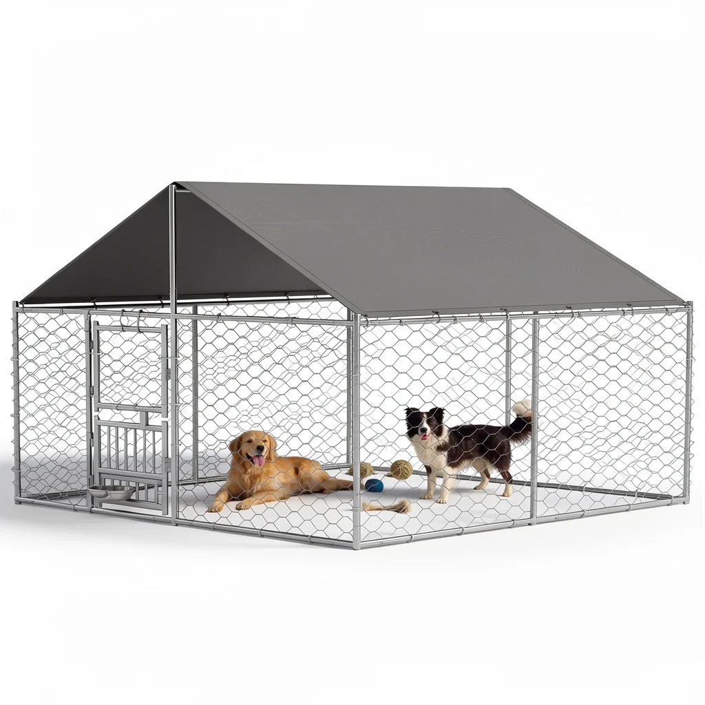 Outdoor Dog Kennel - 7.5 ft Run with Roof and Feeder