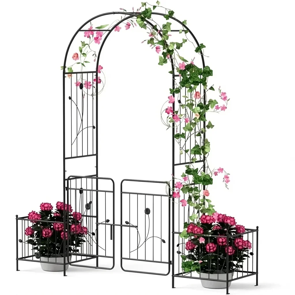 86-Inch Metal Garden Arch with Side Planters