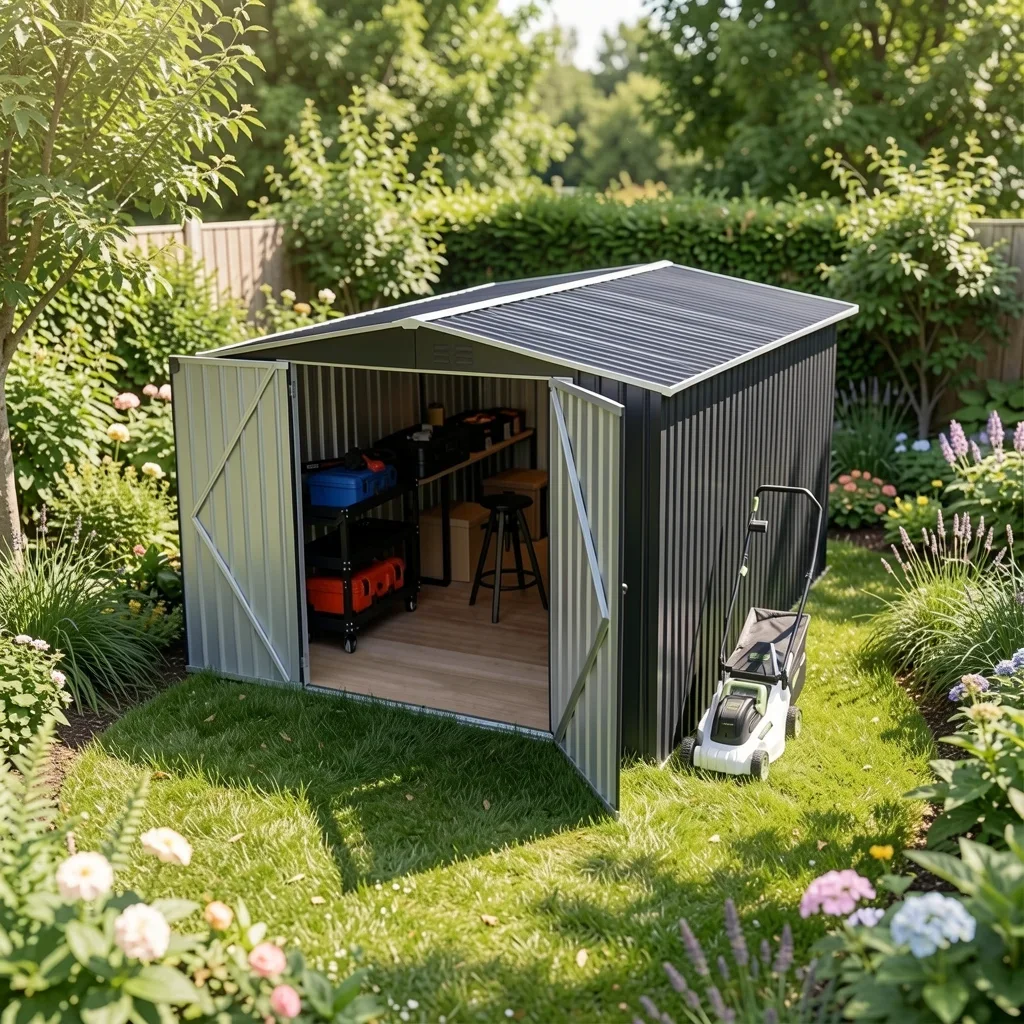 8×12 ft Waterproof Metal Storage Shed lifestyle