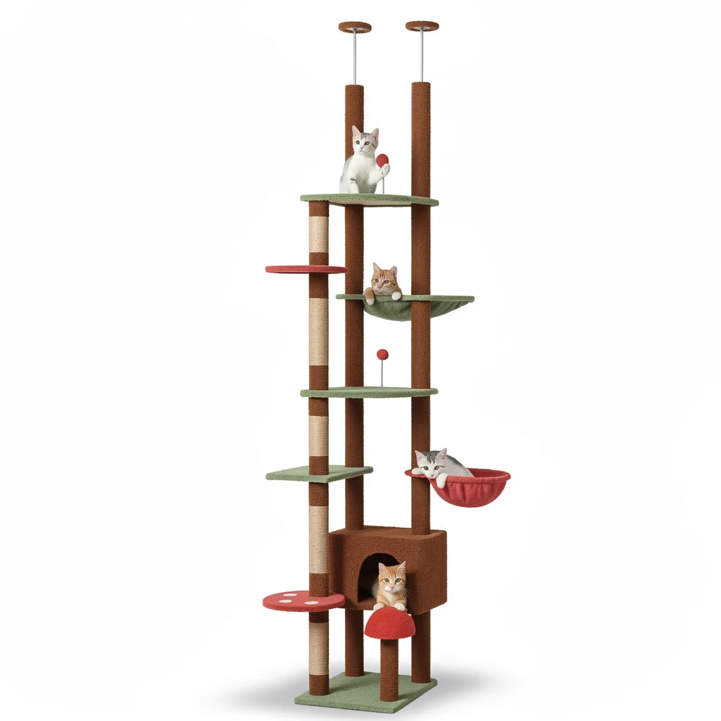 Mushroom Cat Tower — Floor-to-Ceiling Cat Tree with Hammock