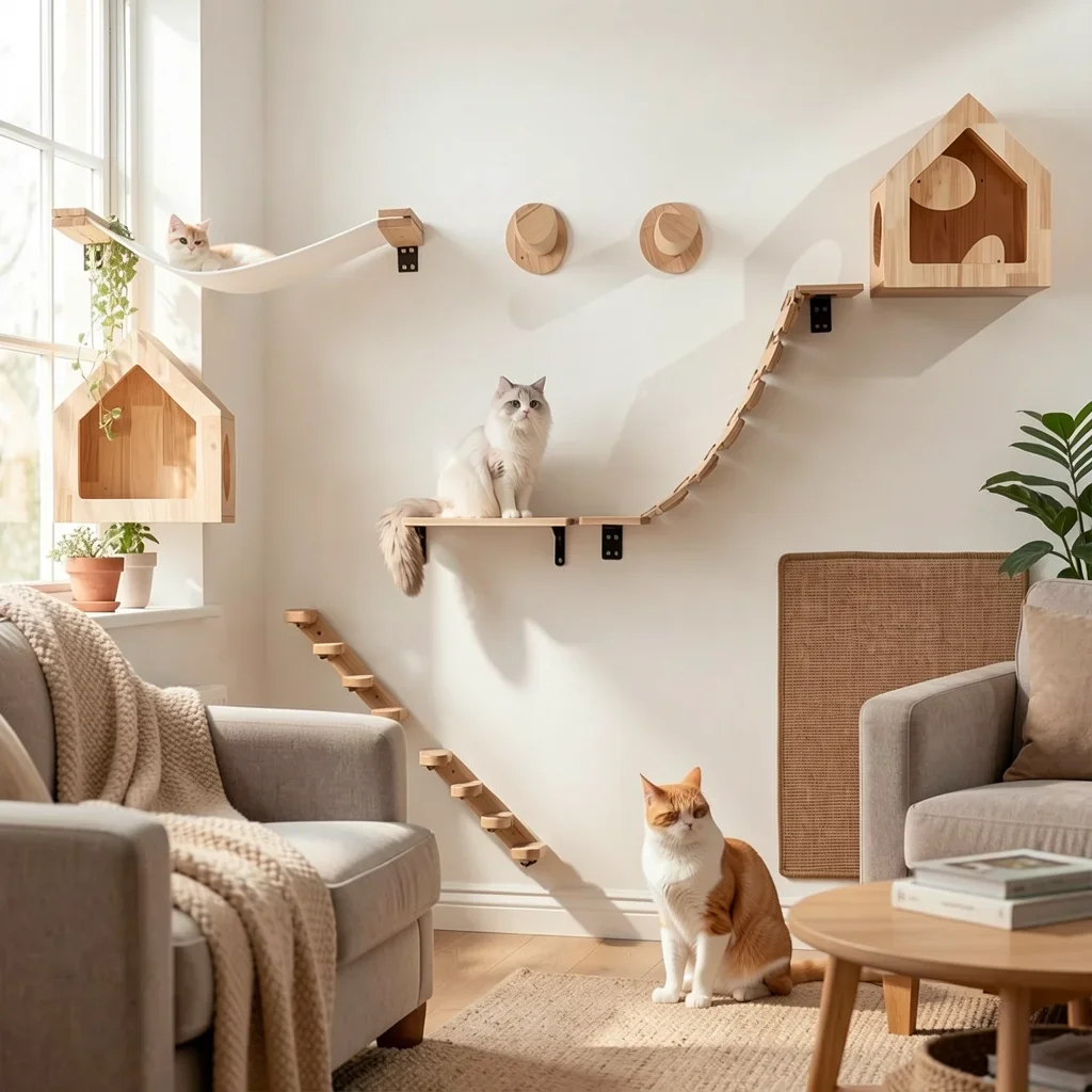 Wall-Mounted Cat Stair Shelf with Sisal Scratching Post lifestyle