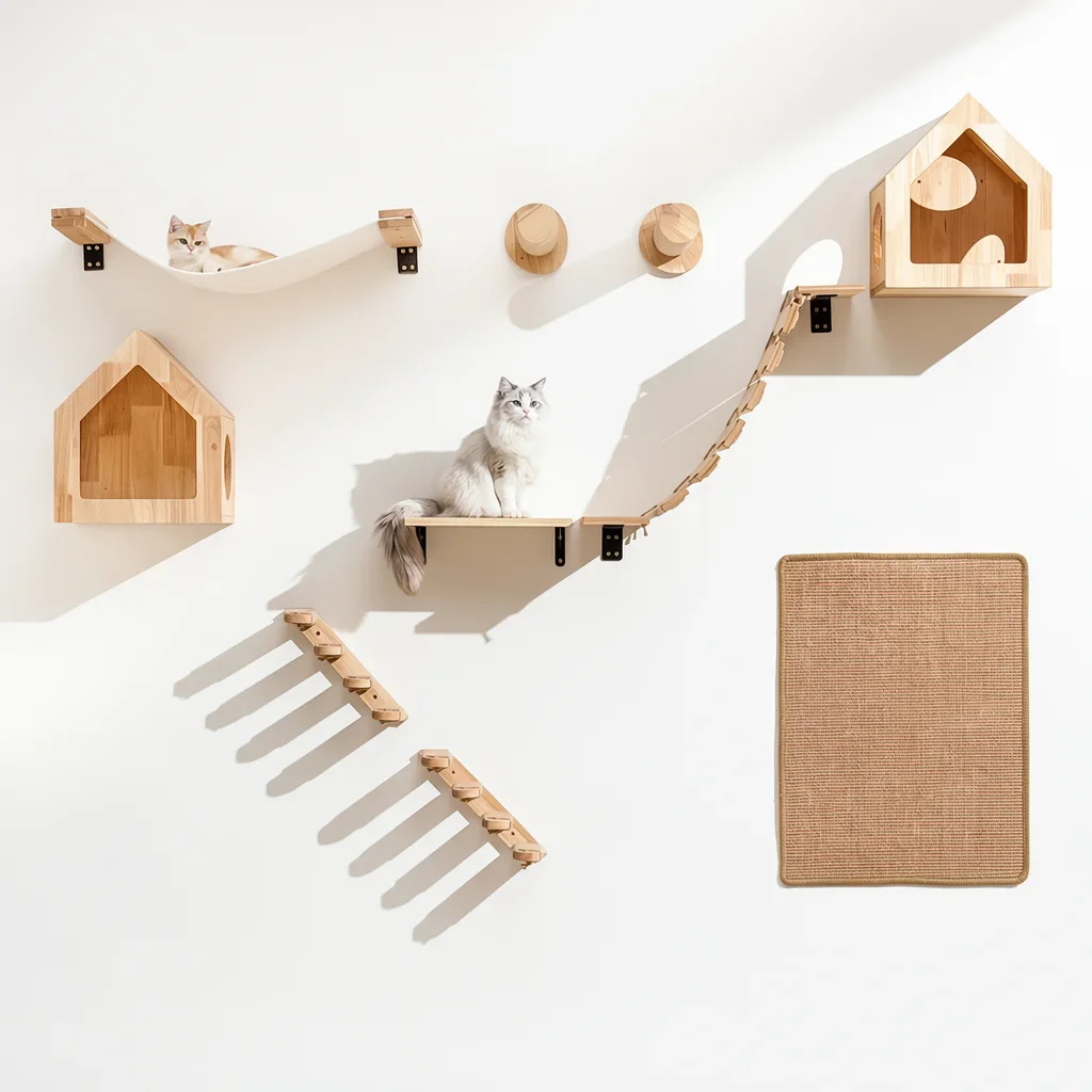 Wall-Mounted Cat Stair Shelf with Sisal Scratching Post