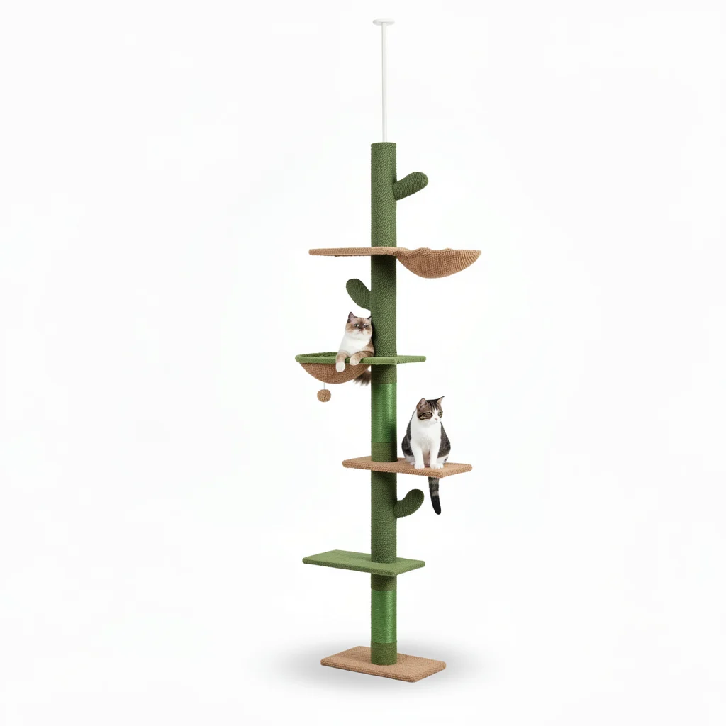 Floor-to-Ceiling Cat Tree - Adjustable Cactus Tower with Hammock