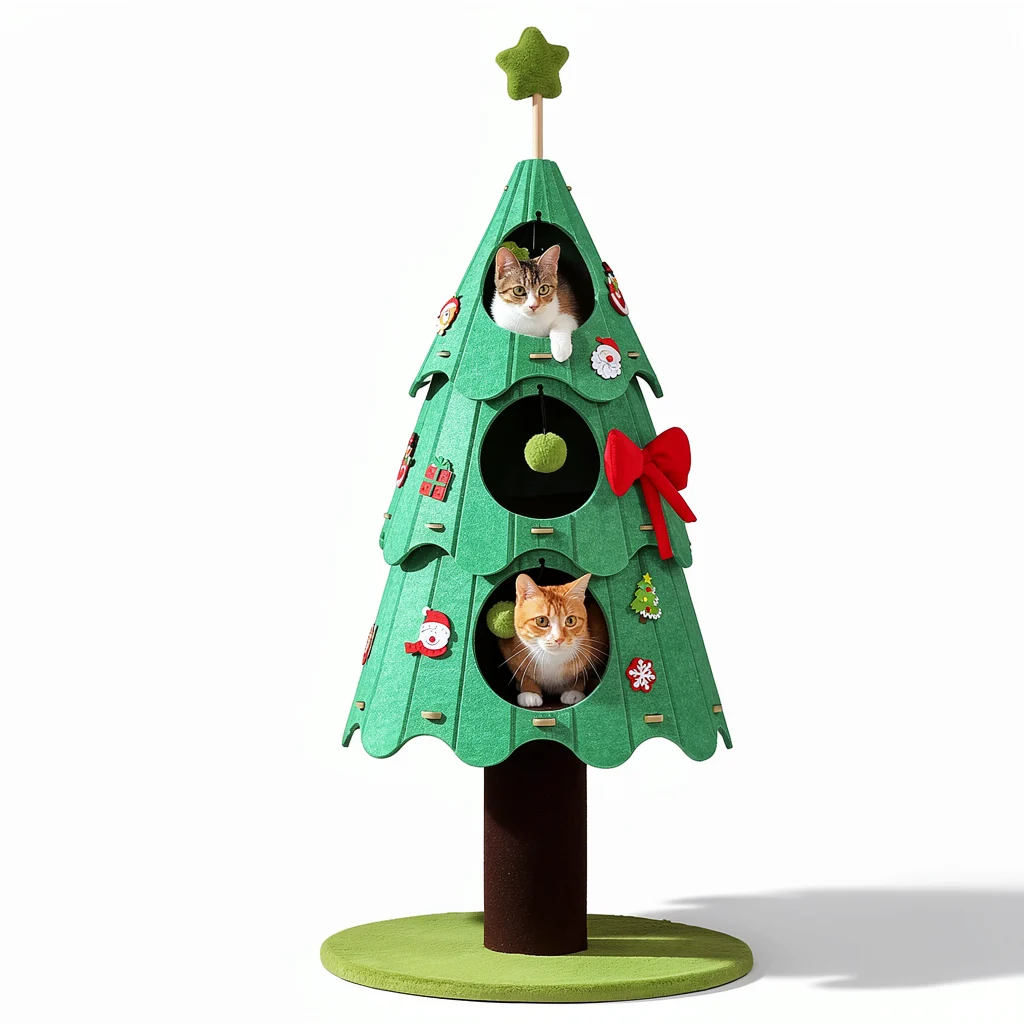 Christmas Cat Tree — 3-Tier Festive Cat Tower with Snow Decor
