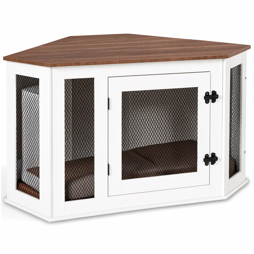 Corner Dog Crate Furniture - Wooden Kennel End Table lifestyle