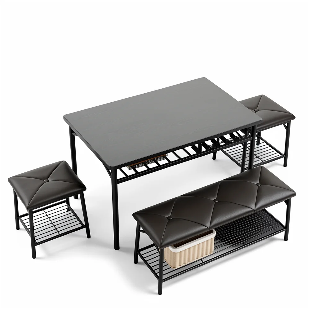 Dining Table Set for 4 - Wood and Metal Table with Bench and Stools lifestyle