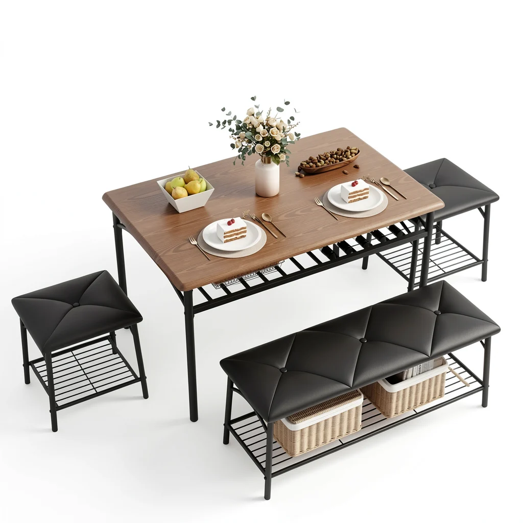 Dining Table Set for 4 - Wood and Metal Table with Bench and Stools