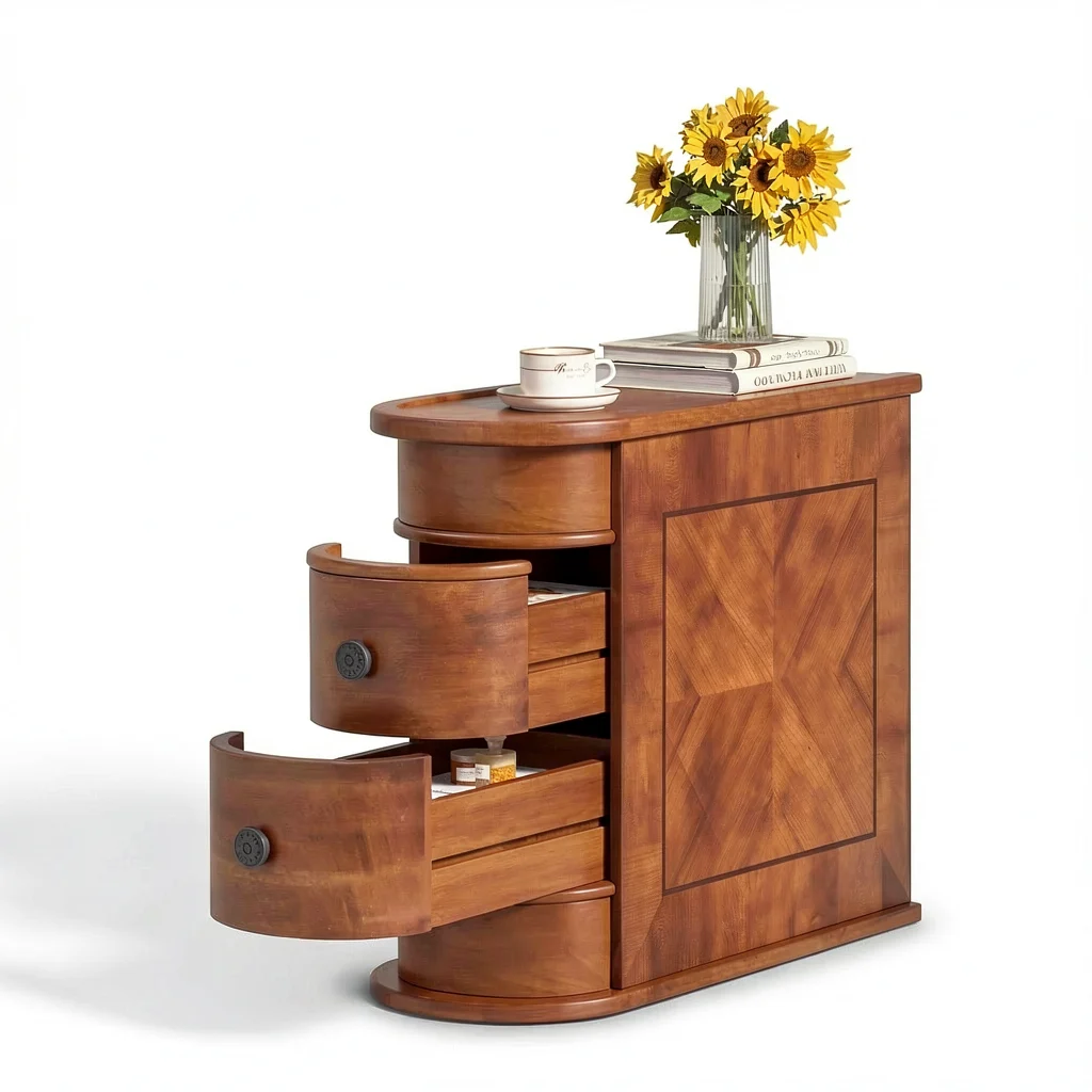 Round Solid Wood End Table - Narrow Bedside Table with Drawer