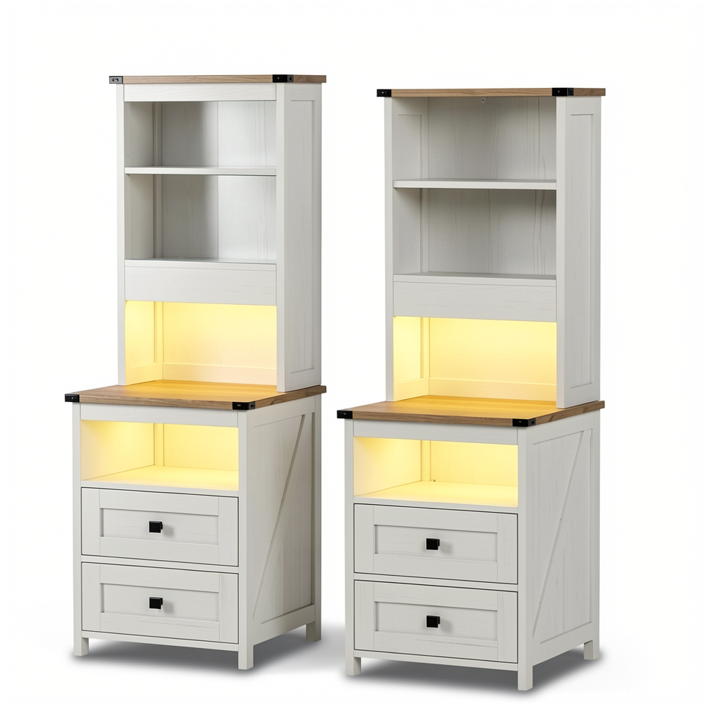 Antique White Farmhouse Nightstand Set of 2 - Charging Tables