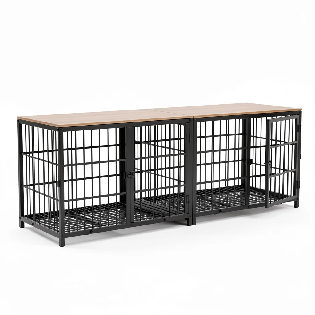 Furniture-Style Dog Crate End Table - 3 Doors and Tray