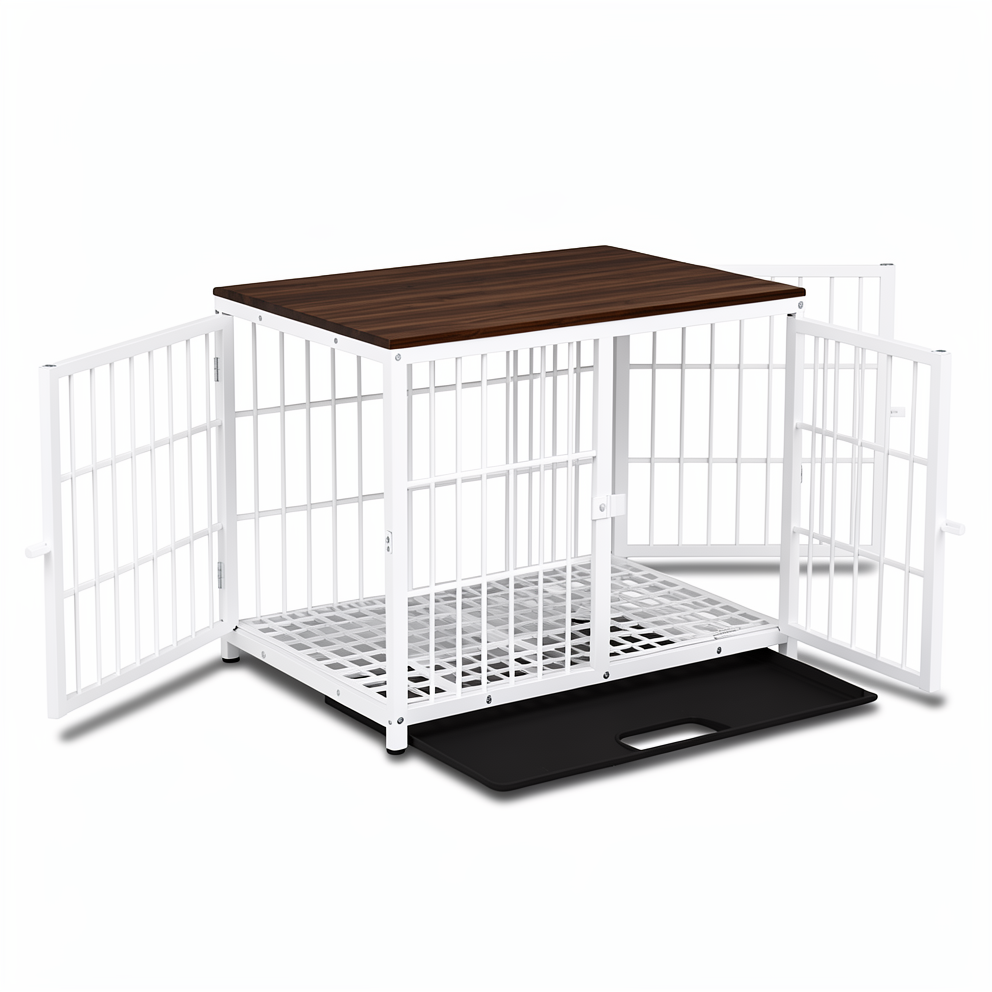 Furniture-Style Dog Crate — 3-Door Wood End Table with Removable Tray