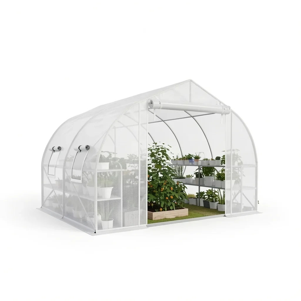 Walk-In Tunnel Greenhouse with Two-Tier Shelves and PE Cover