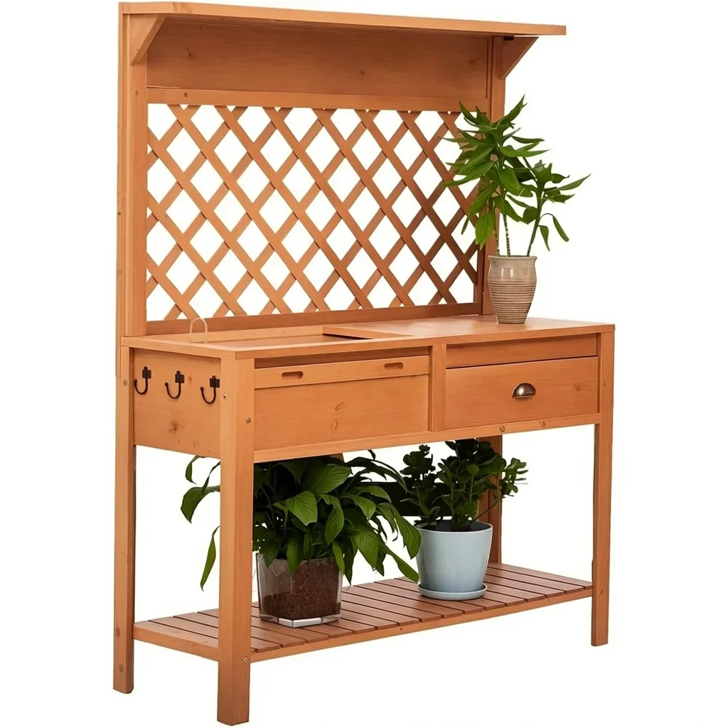 Wooden Garden Potting Station with Sliding Metal Panel