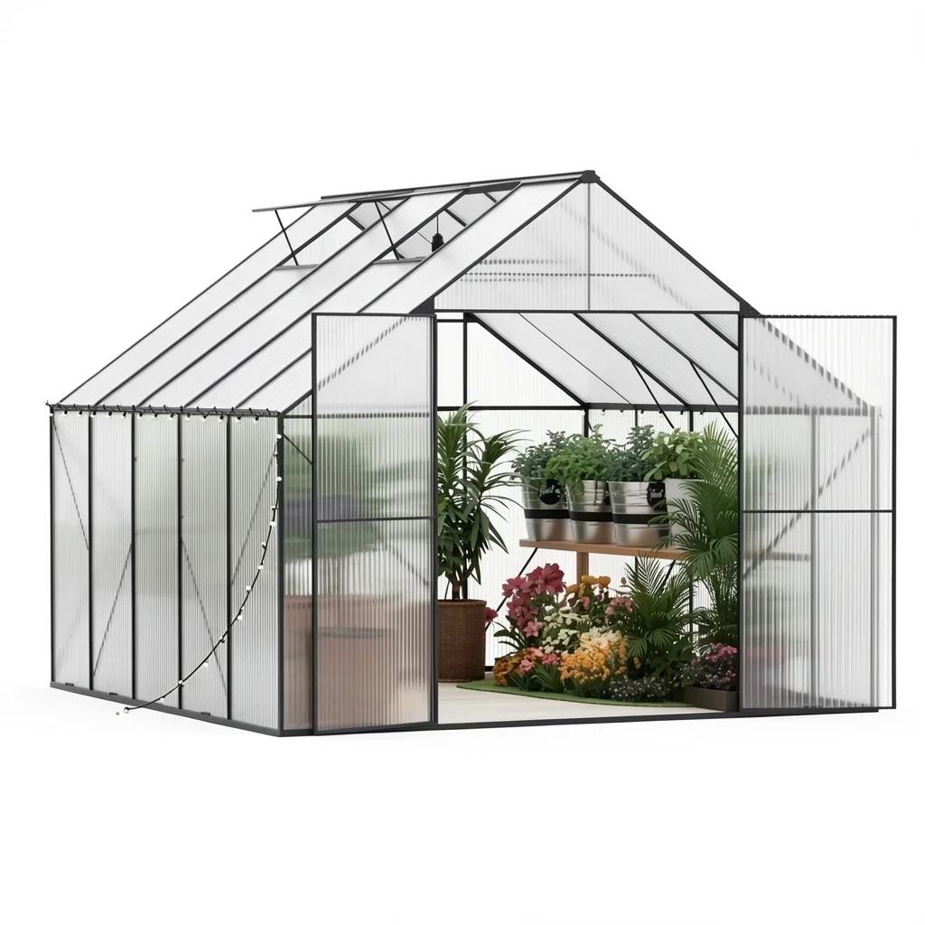Heavy-Duty Walk-In Polycarbonate Greenhouse with Grow Lights