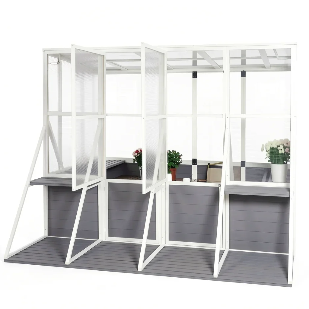 Wooden Lean-To Walk-In Greenhouse with Polycarbonate Panels