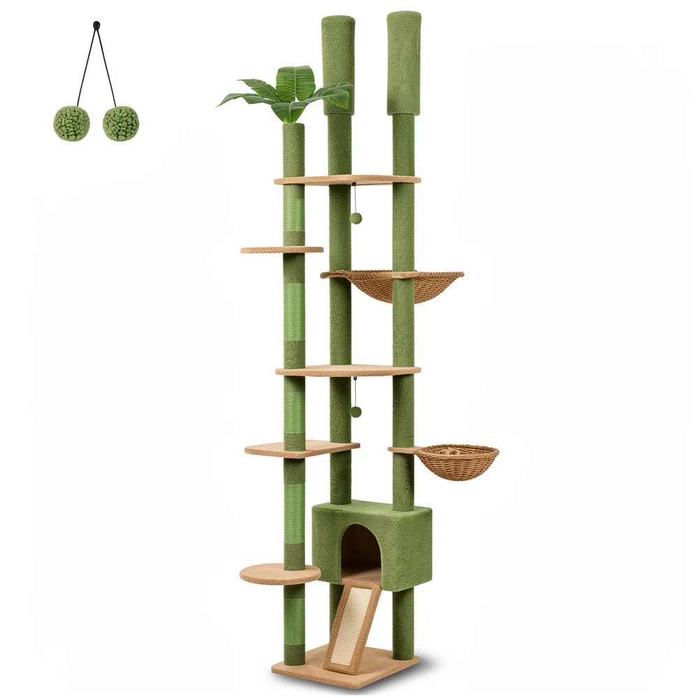 Floor-to-Ceiling Wooden Cat Tree — Tri-Column with Hammock lifestyle