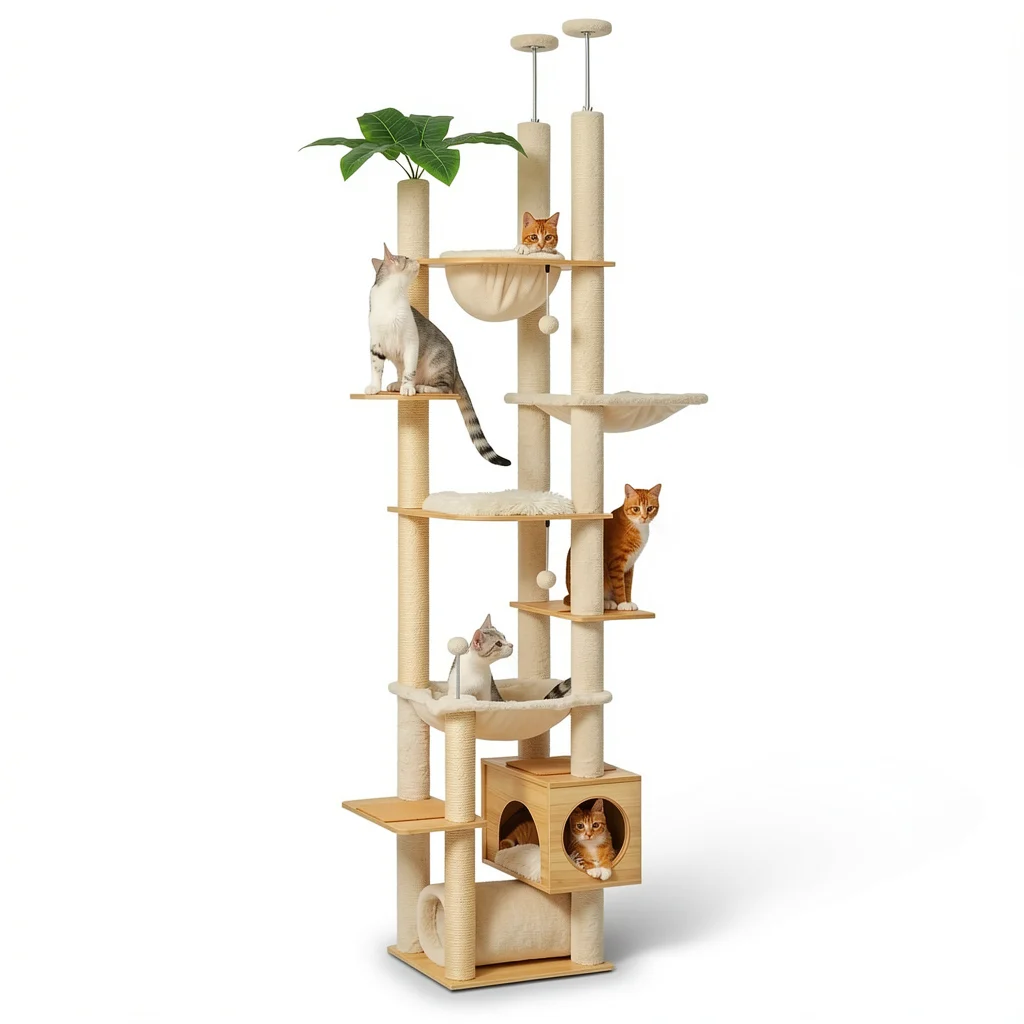 Floor-to-Ceiling Wooden Cat Tree — Tri-Column with Hammock