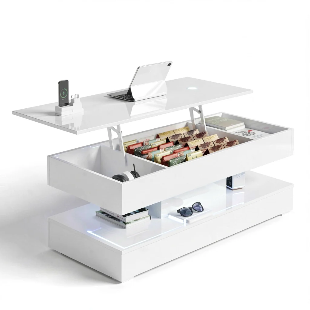 White High-Gloss LED Coffee Table with Open Shelf and Storage