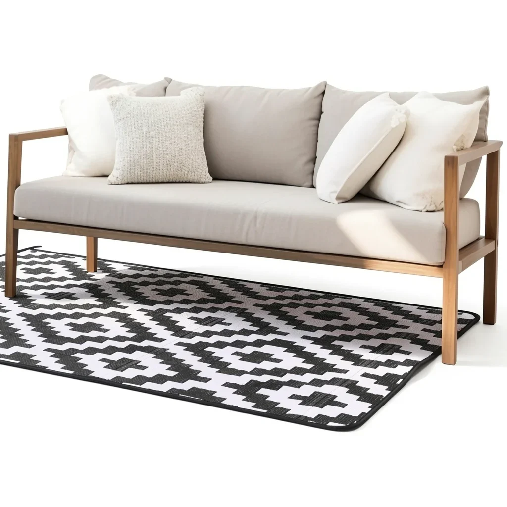 Reversible Woven Plastic Outdoor Rug with Corner Stakes