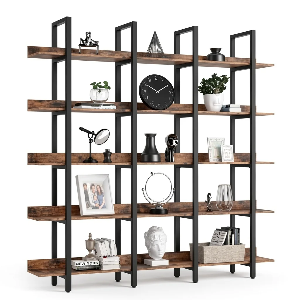 Triple-Wide 5-Tier Bookcase - Open Etagere Shelves