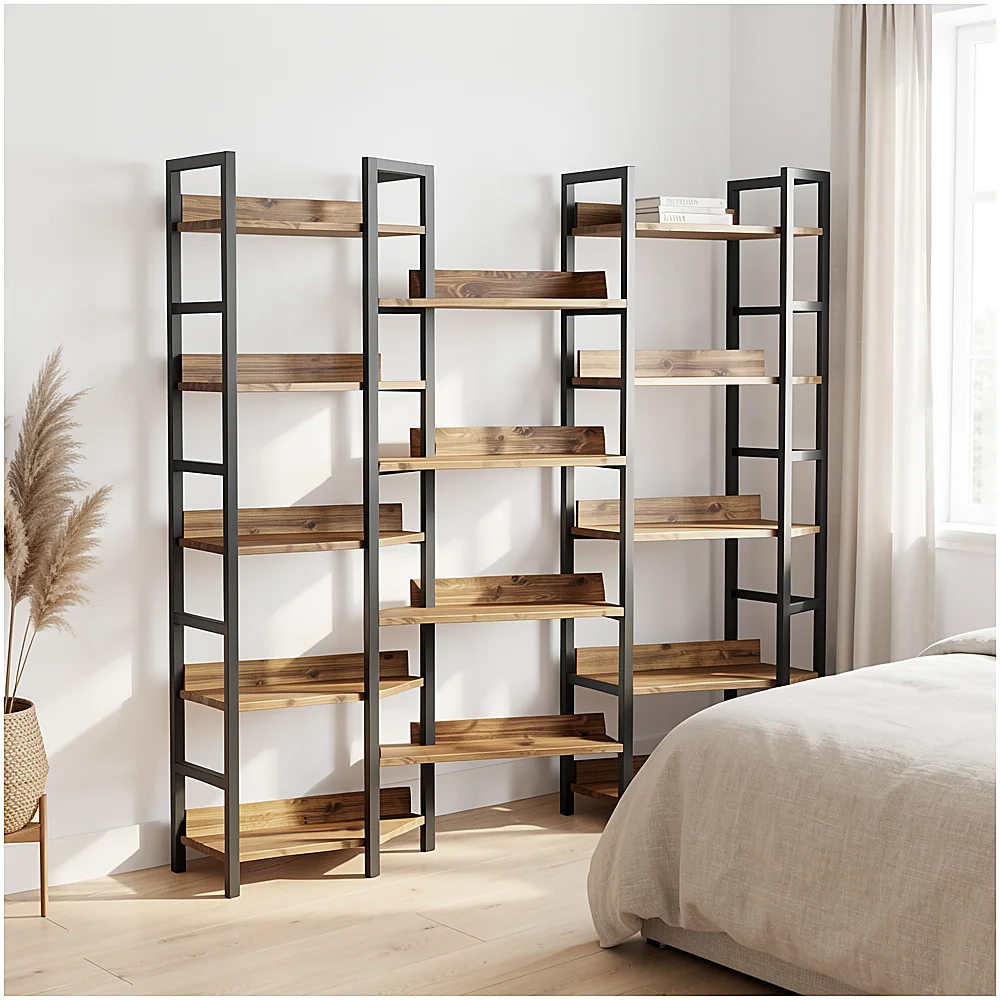 Triple-Wide Industrial Bookshelf - 5-Tier Etagere with Baffles lifestyle