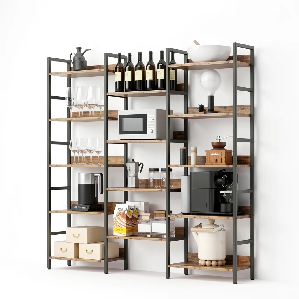 Triple-Wide Industrial Bookshelf - 5-Tier Etagere with Baffles