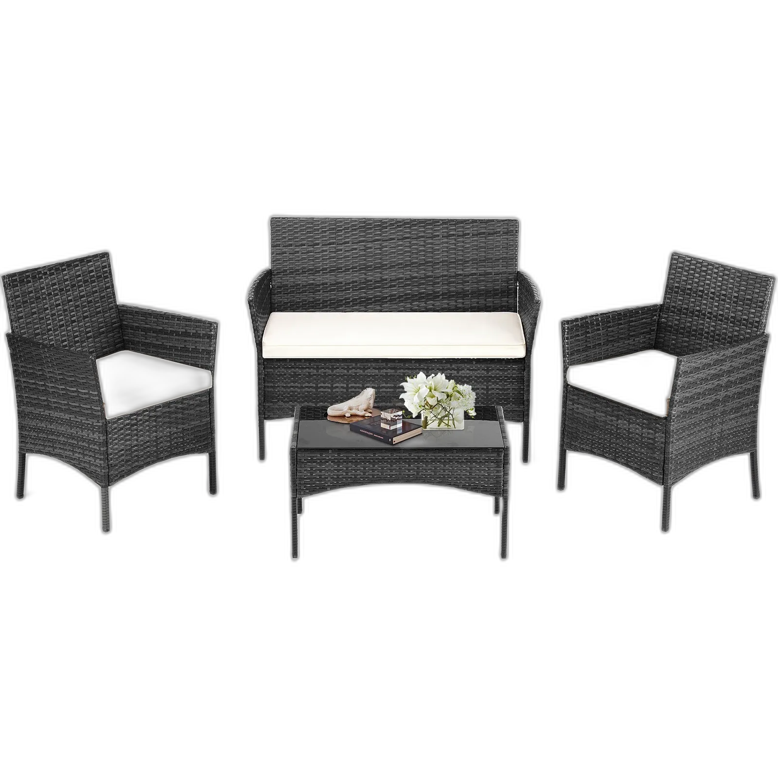 Wicker Patio Conversation Set - 4-Piece Cushioned Seating