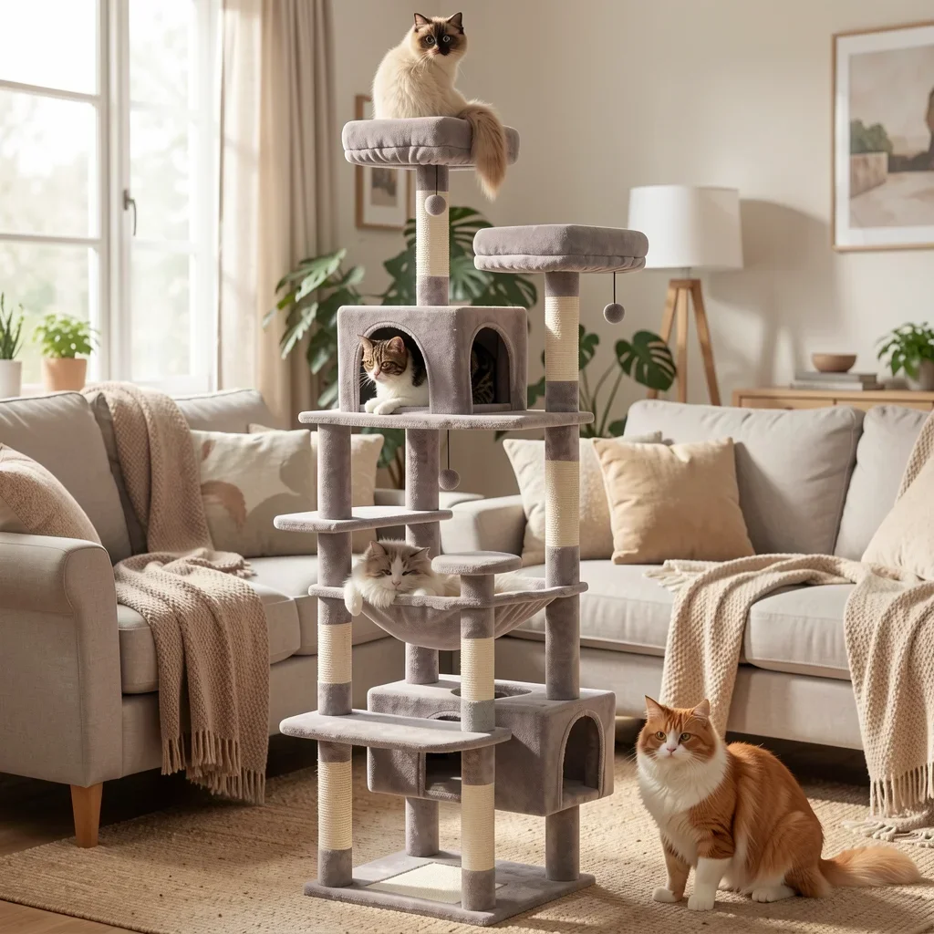 The Cat Penthouse — Multi-Level Tree with Wide Hammock