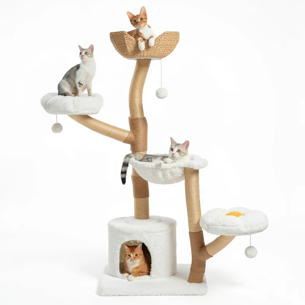 Large Cat Tree Tower - Sisal Posts, Wicker Bed and Flower Condo