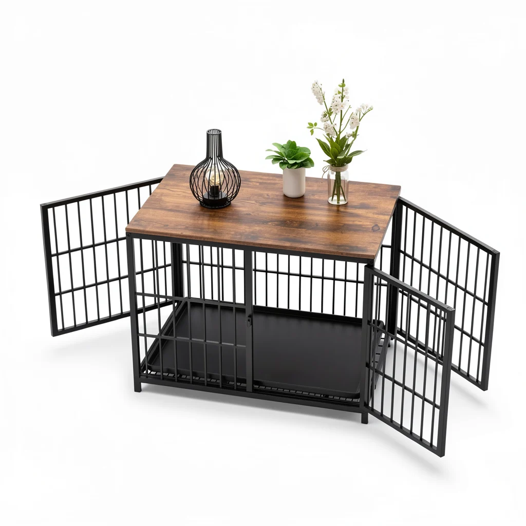 Large Wooden Dog Crate End Table - Elevated 3-Door Kennel