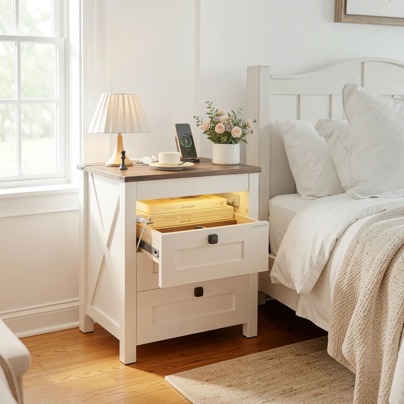 Farmhouse LED Nightstand Set of 2 - Charging Bedside Tables lifestyle