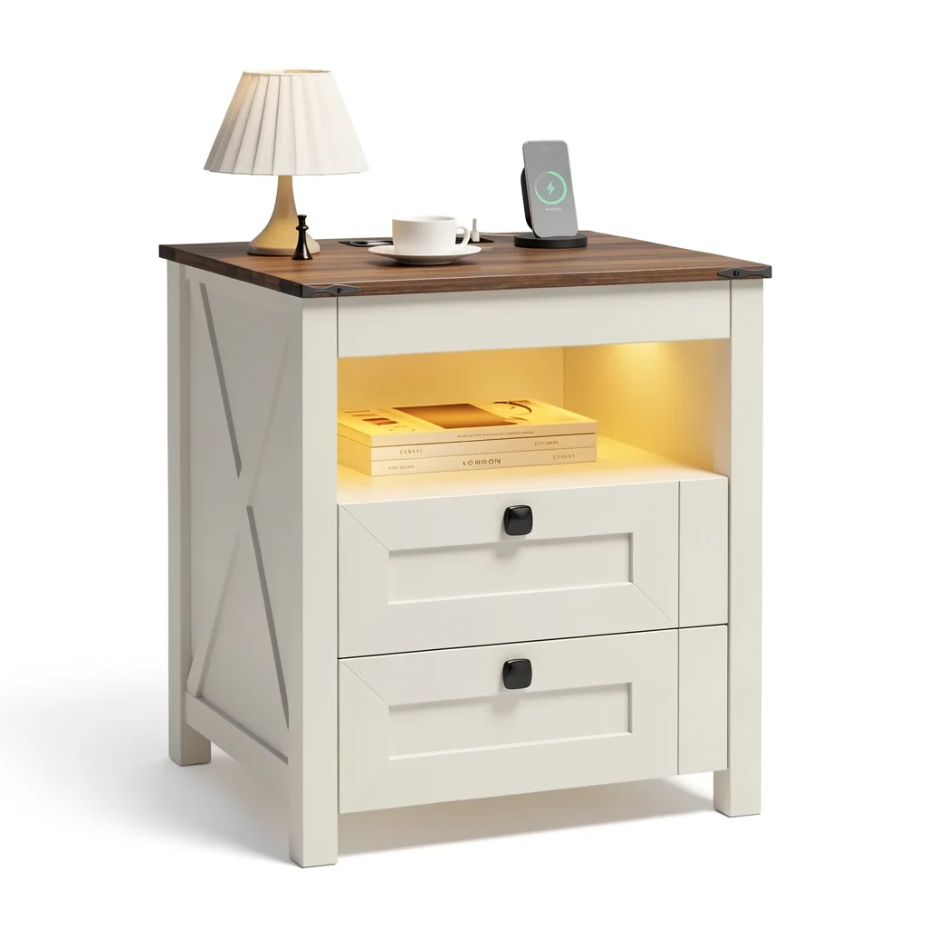 Farmhouse LED Nightstand Set of 2 - Charging Bedside Tables
