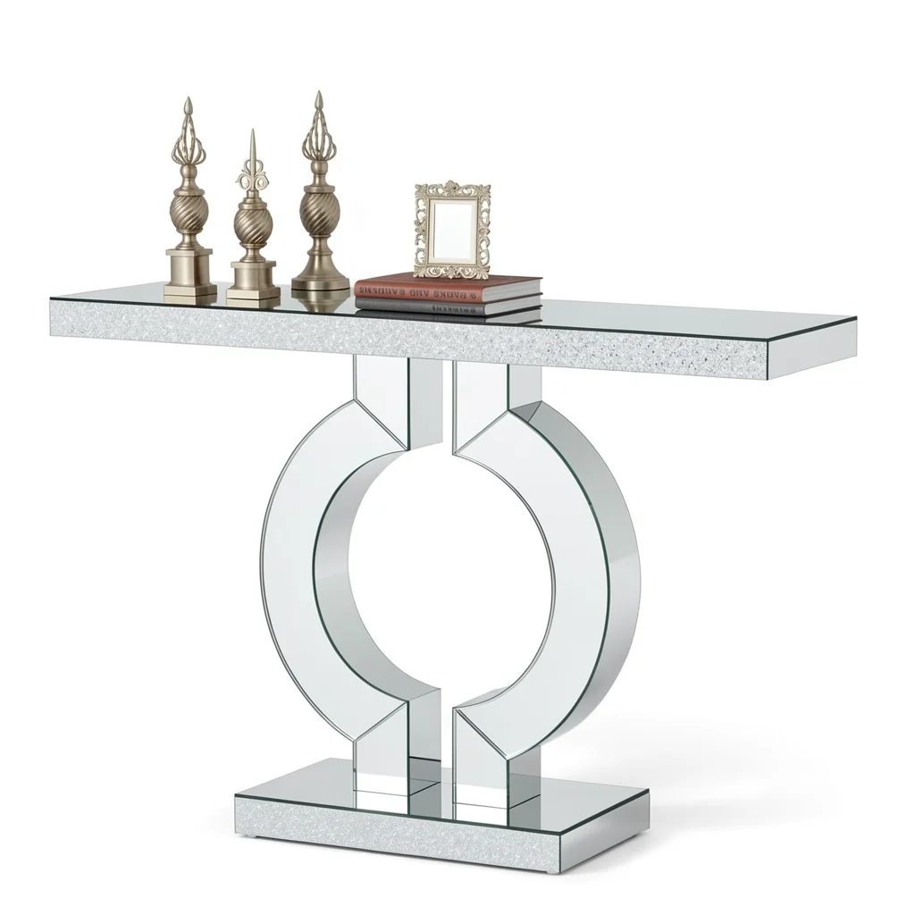 Mirrored Console Table - O-Shaped Base and Glass Sofa Table