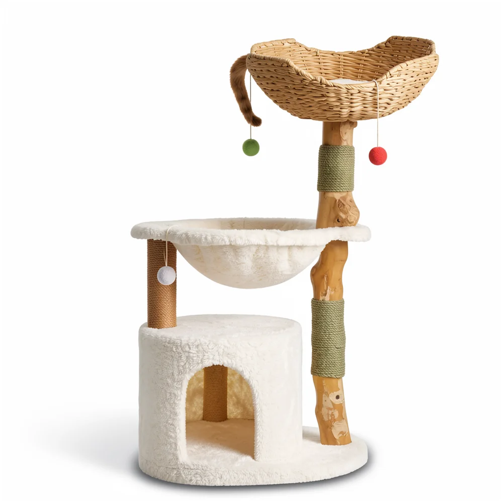 The Wicker-Basket Cat Tree — Modern Wood with Hammock lifestyle