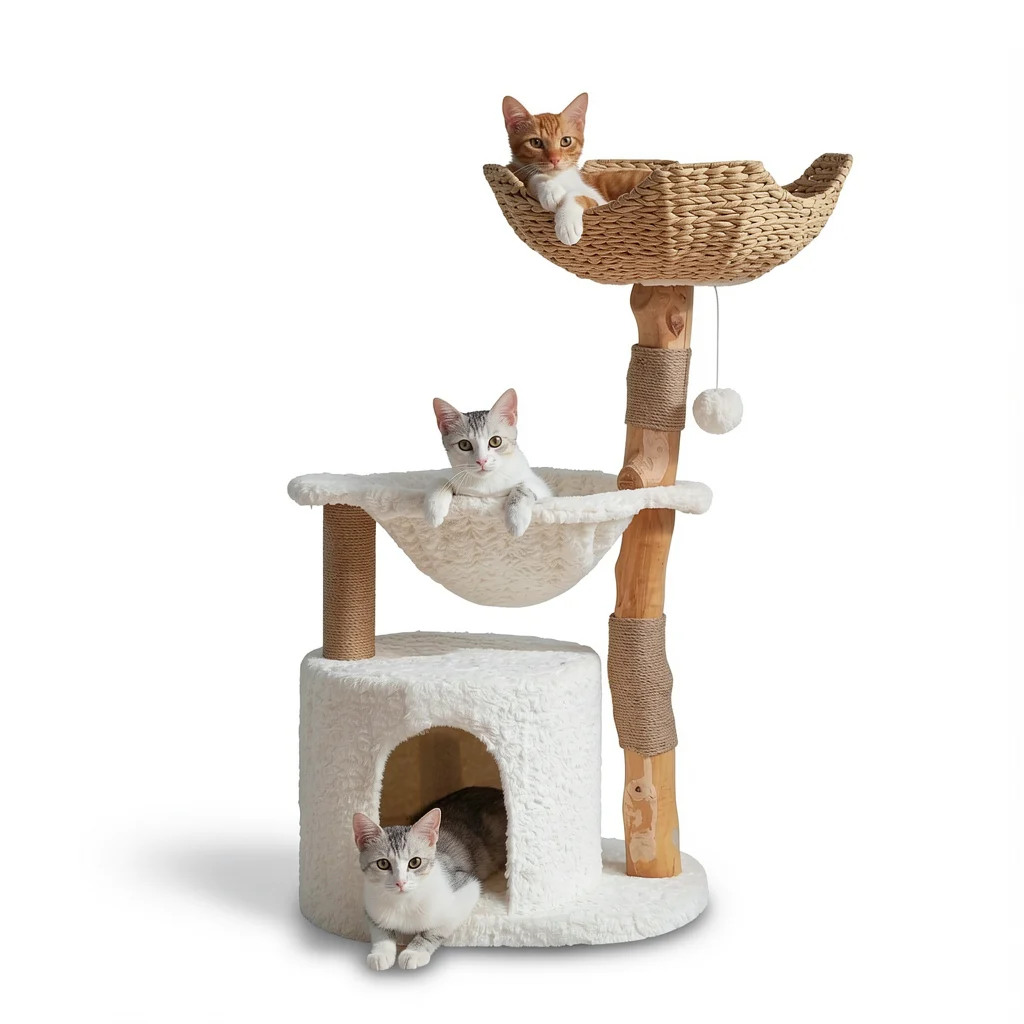 The Wicker-Basket Cat Tree — Modern Wood with Hammock