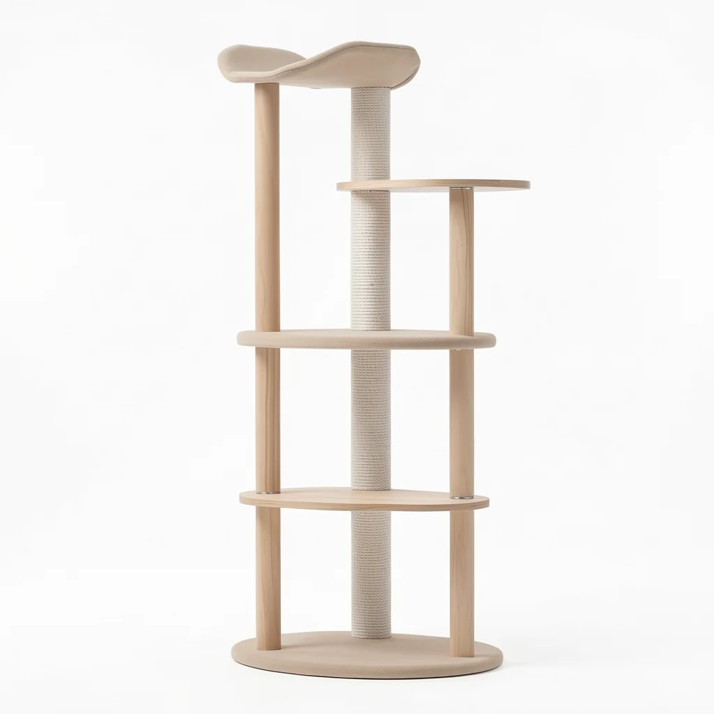 Modern 4-Level Wooden Cat Tree — Beige with Curved Top Perch lifestyle